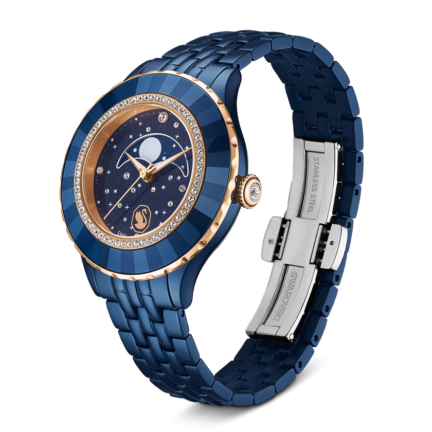 swarovski octea moon watch  swiss made  metal bracelet  blue  blue finish