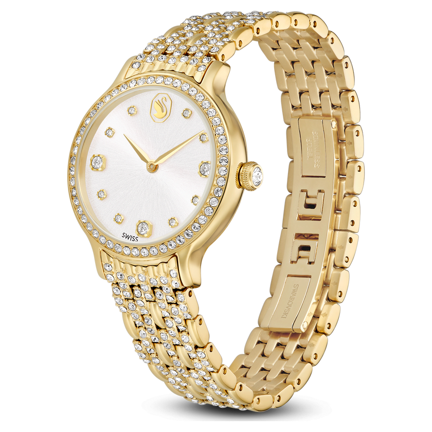 swarovski imber watch  swiss made  metal bracelet  gold tone  gold tone finish