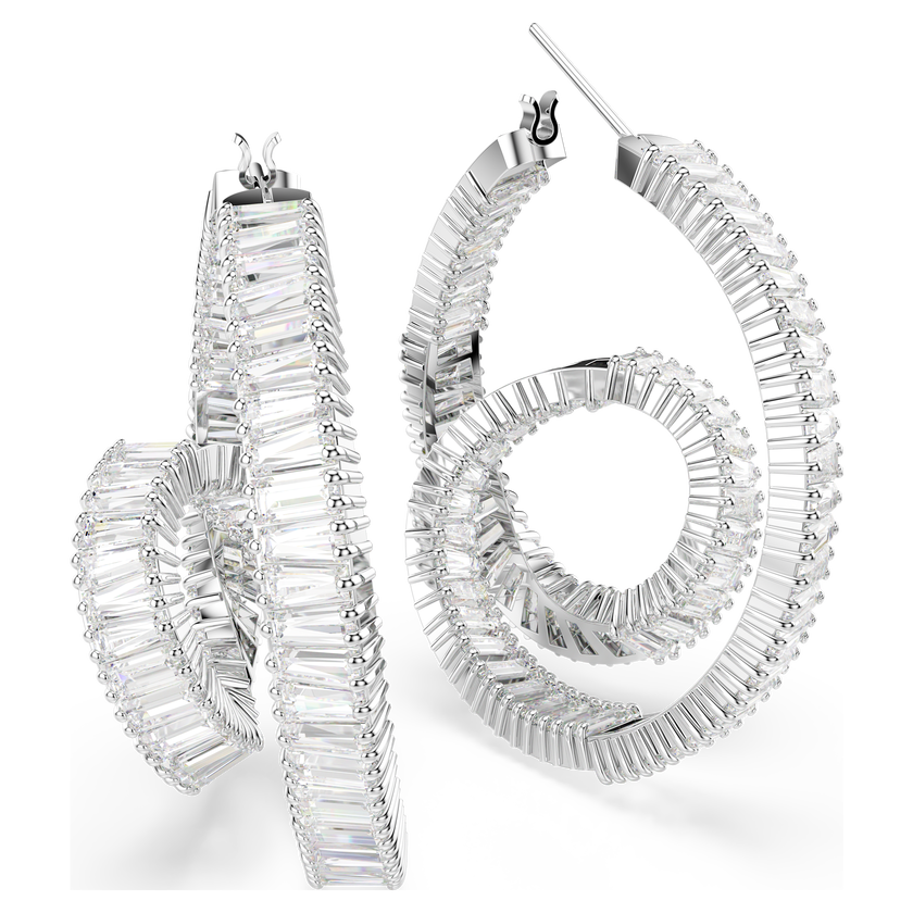 swarovski matrix hoop earrings  baguette cut  ribbon  white  rhodium plated