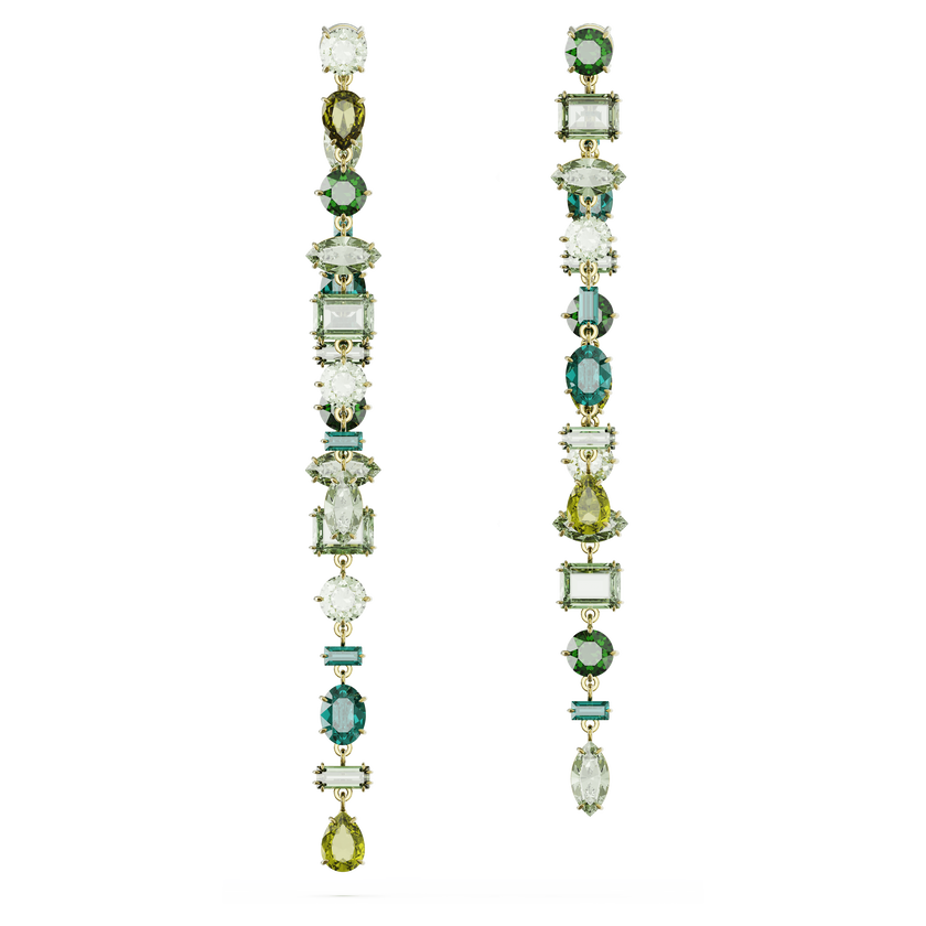 swarovski gema drop earrings  asymmetrical design  mixed cuts  extra long  green  gold tone plated