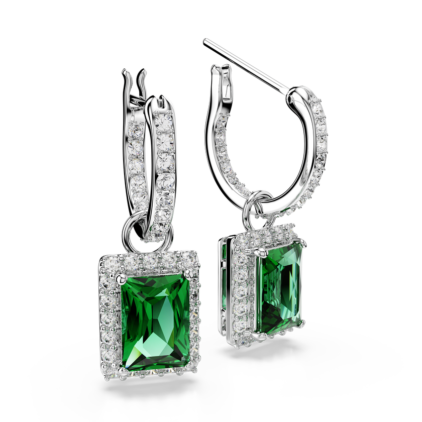 swarovski una angelic drop earrings  rectangular cut  pav   green  rhodium plated