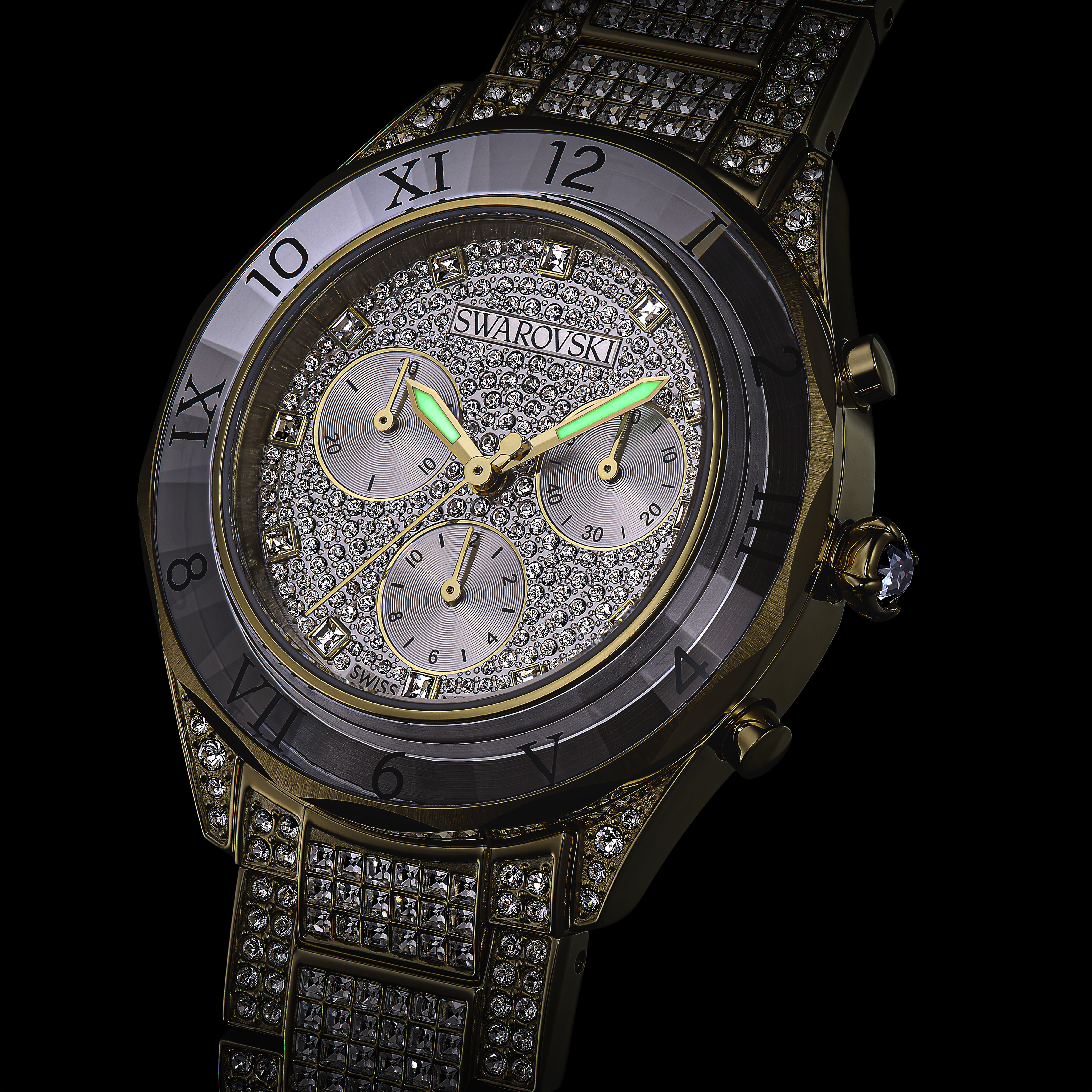 swarovski dextera lux watch  swiss made  metal bracelet  gold tone  gold tone finish