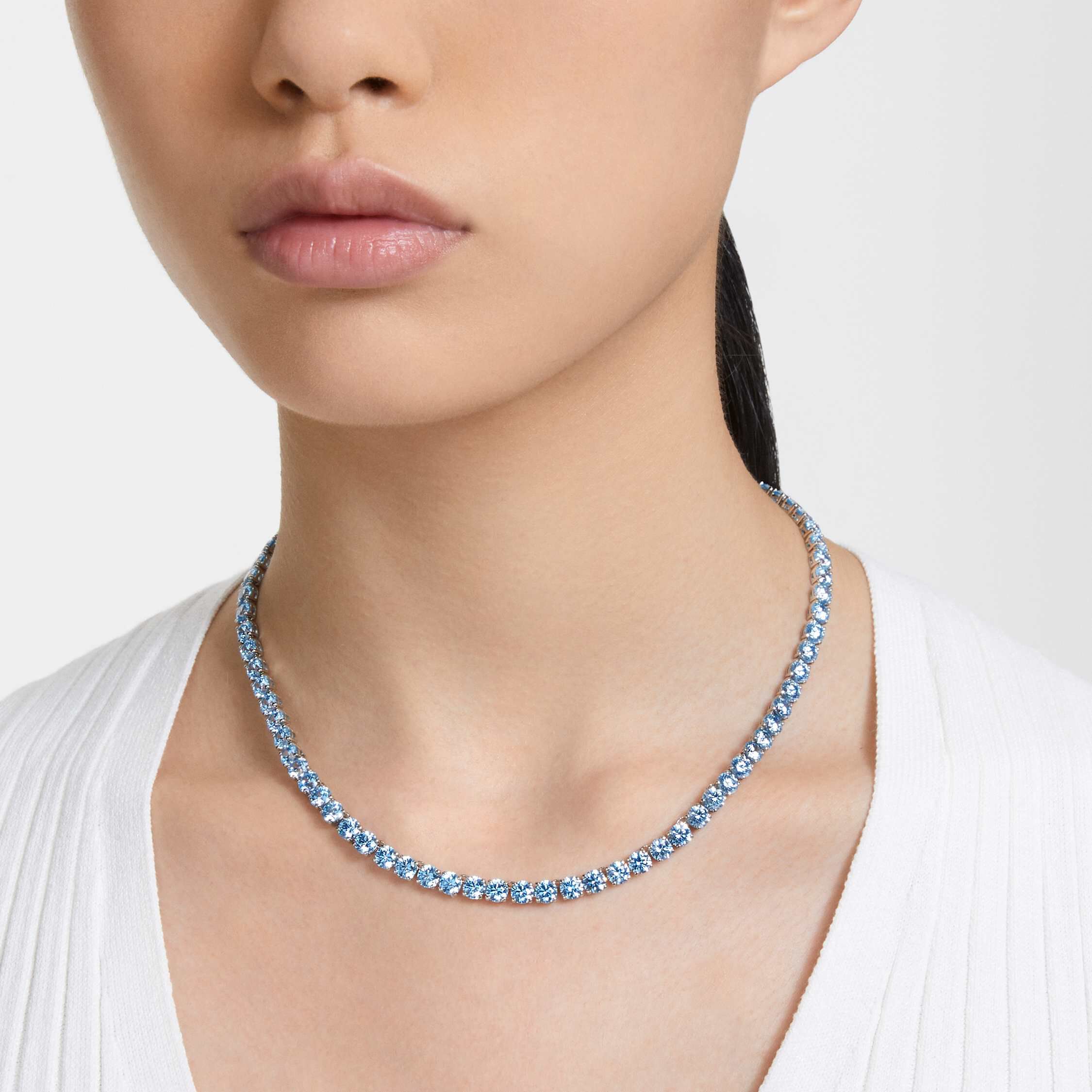 Buy Swarovski Matrix Tennis necklace Round cut Blue Rhodium plated