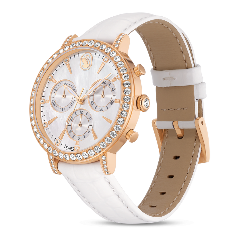 swarovski matrix tennis chrono watch  swiss made  leather strap  white  rose gold tone finish