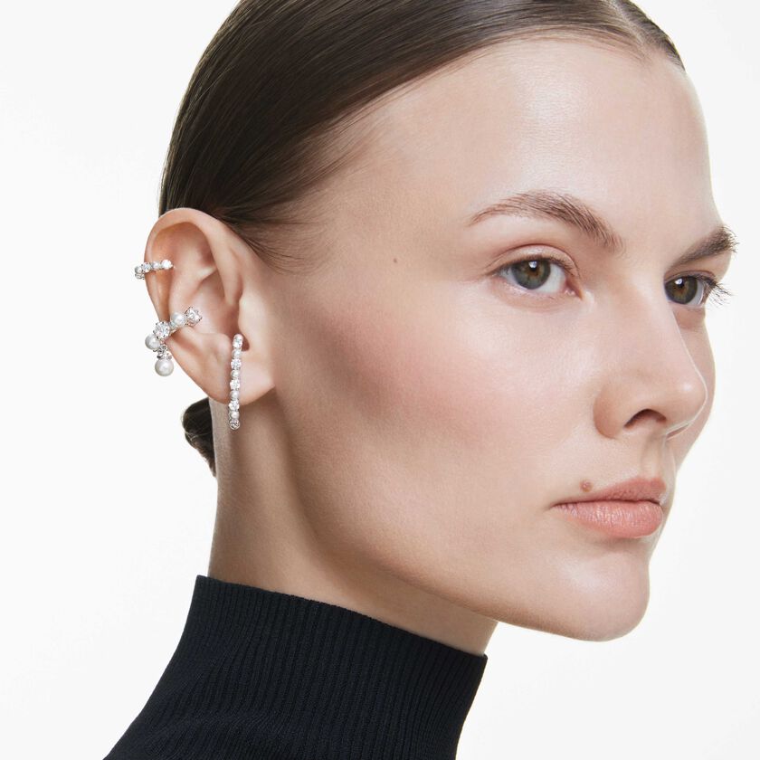 swarovski matrix ear cuff  set  3   crystal pearl  round cut  white  rhodium plated