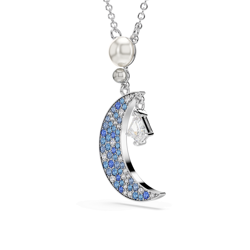 swarovski symbolica pendant  round cut  moon  blue  rhodium plated