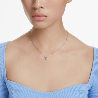 swarovski matrix pendant  square cut  blue  rhodium plated