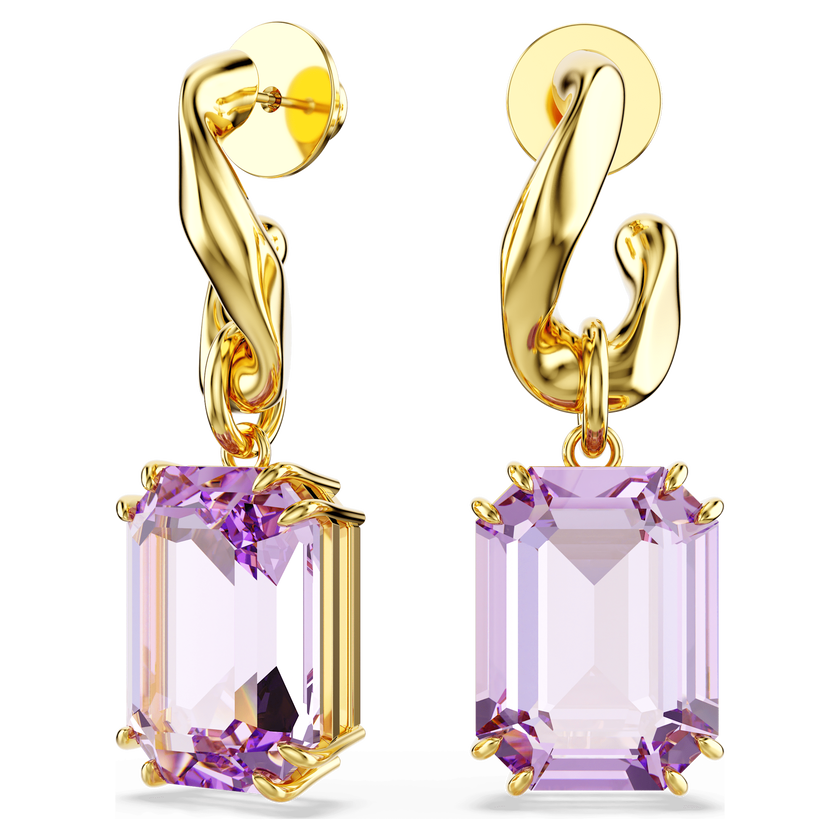 swarovski millenia drop earrings  octagon cut  purple  gold tone plated