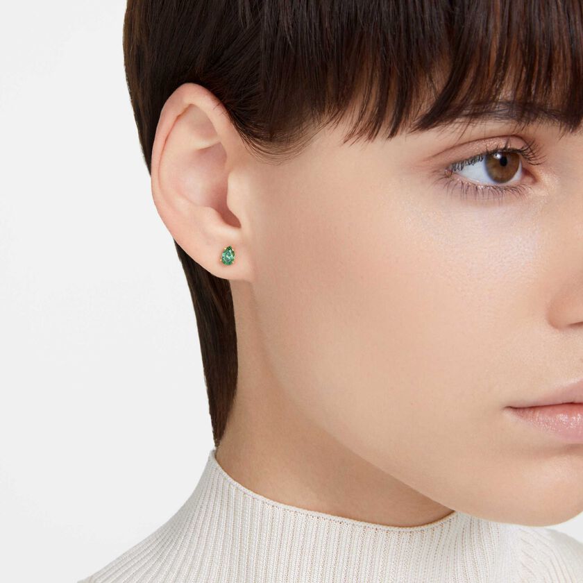 swarovski chroma stud earrings  pear cut  green  gold tone plated