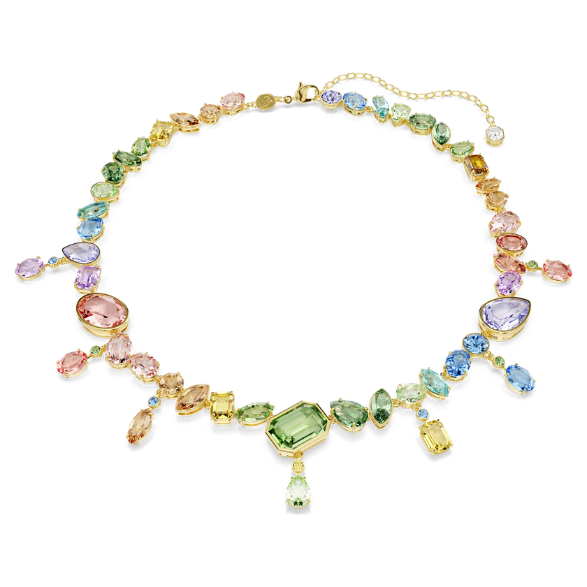 swarovski gema necklace  mixed cuts  dangling crystals  multicolored  gold tone plated