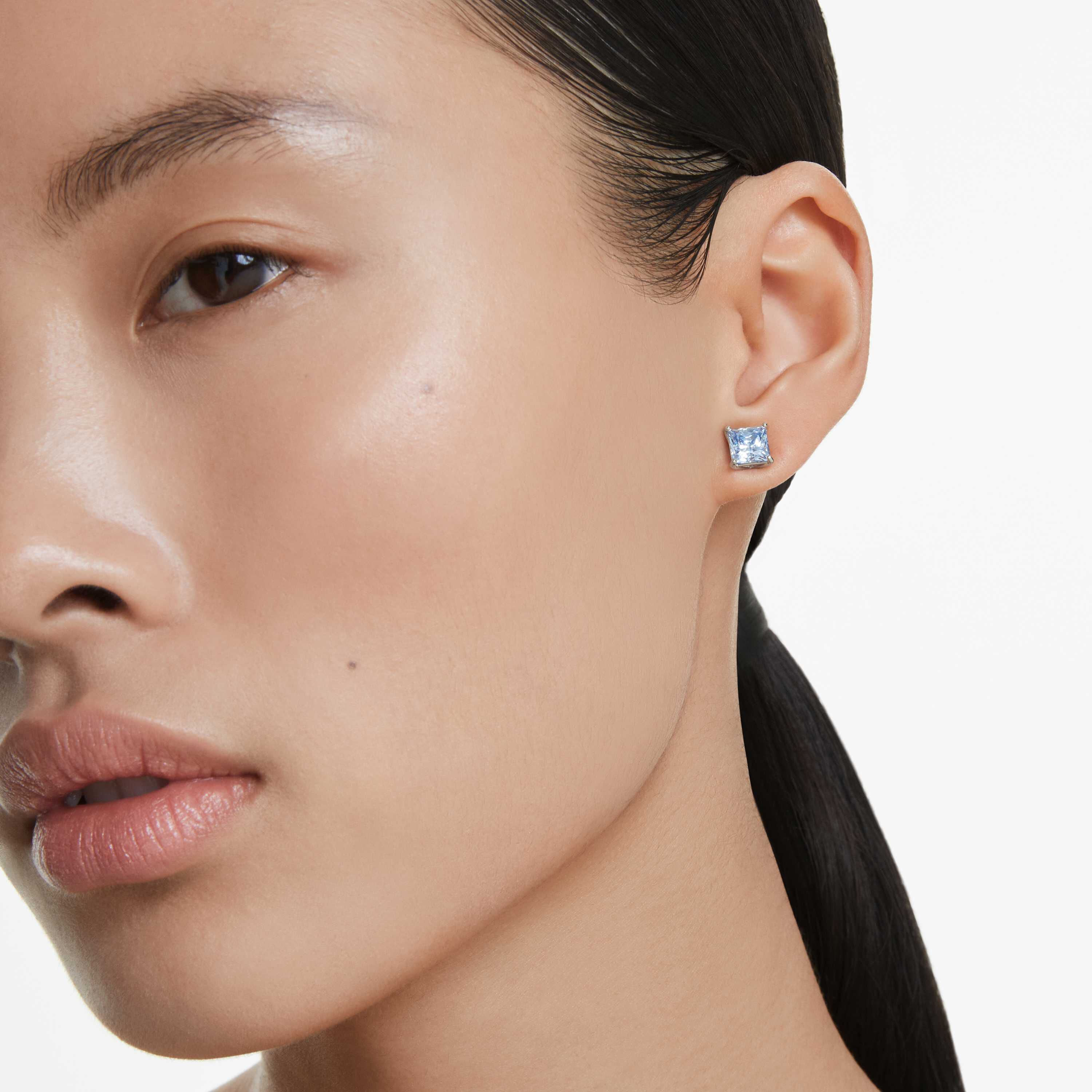 swarovski matrix stud earrings  square cut  blue  rhodium plated