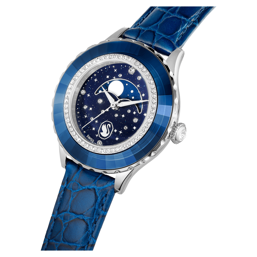 swarovski octea moon watch  swiss made  moon  leather strap  blue  stainless steel