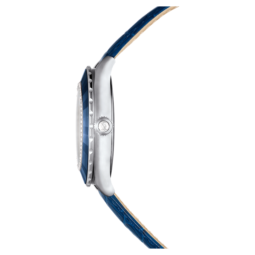 swarovski octea moon watch  swiss made  moon  leather strap  blue  stainless steel