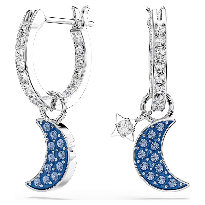 swarovski symbolica drop earrings  round cut  moon  blue  rhodium plated