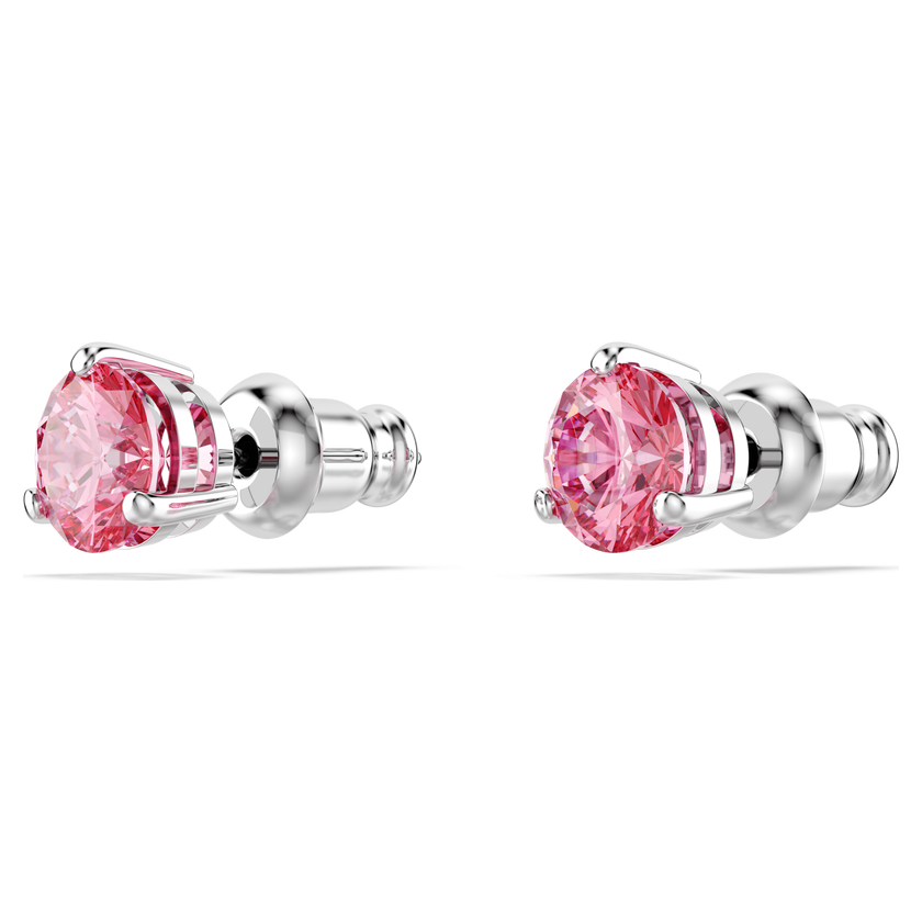 swarovski solitaire stud earrings  round cut  pink  rhodium plated