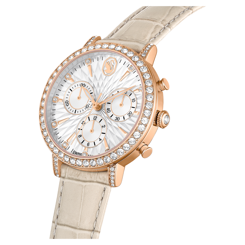 swarovski matrix tennis chrono watch  swiss made  leather strap  beige  rose gold tone finish