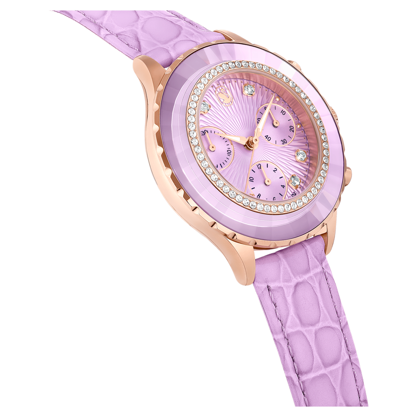swarovski octea chrono watch  swiss made  leather strap  purple  rose gold tone finish