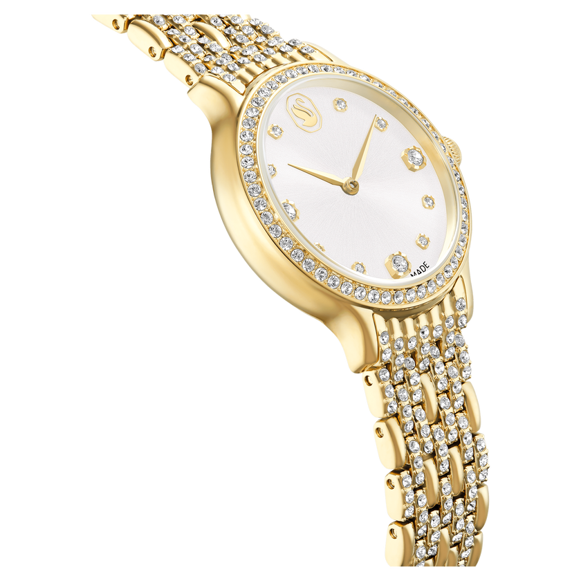 swarovski imber watch  swiss made  metal bracelet  gold tone  gold tone finish