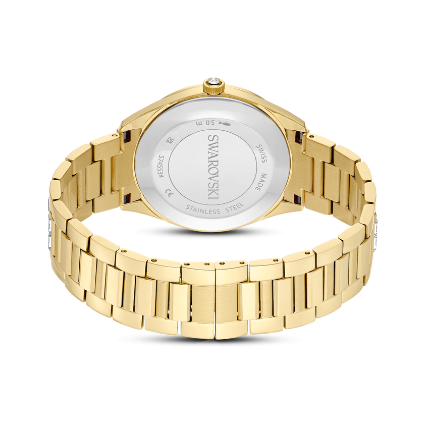 swarovski matrix date watch  swiss made  metal bracelet  gold tone  gold tone finish