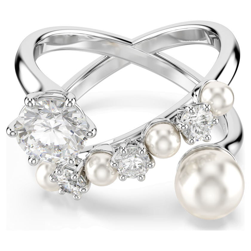 swarovski matrix cocktail ring  crystal pearl  round cut  white  rhodium plated