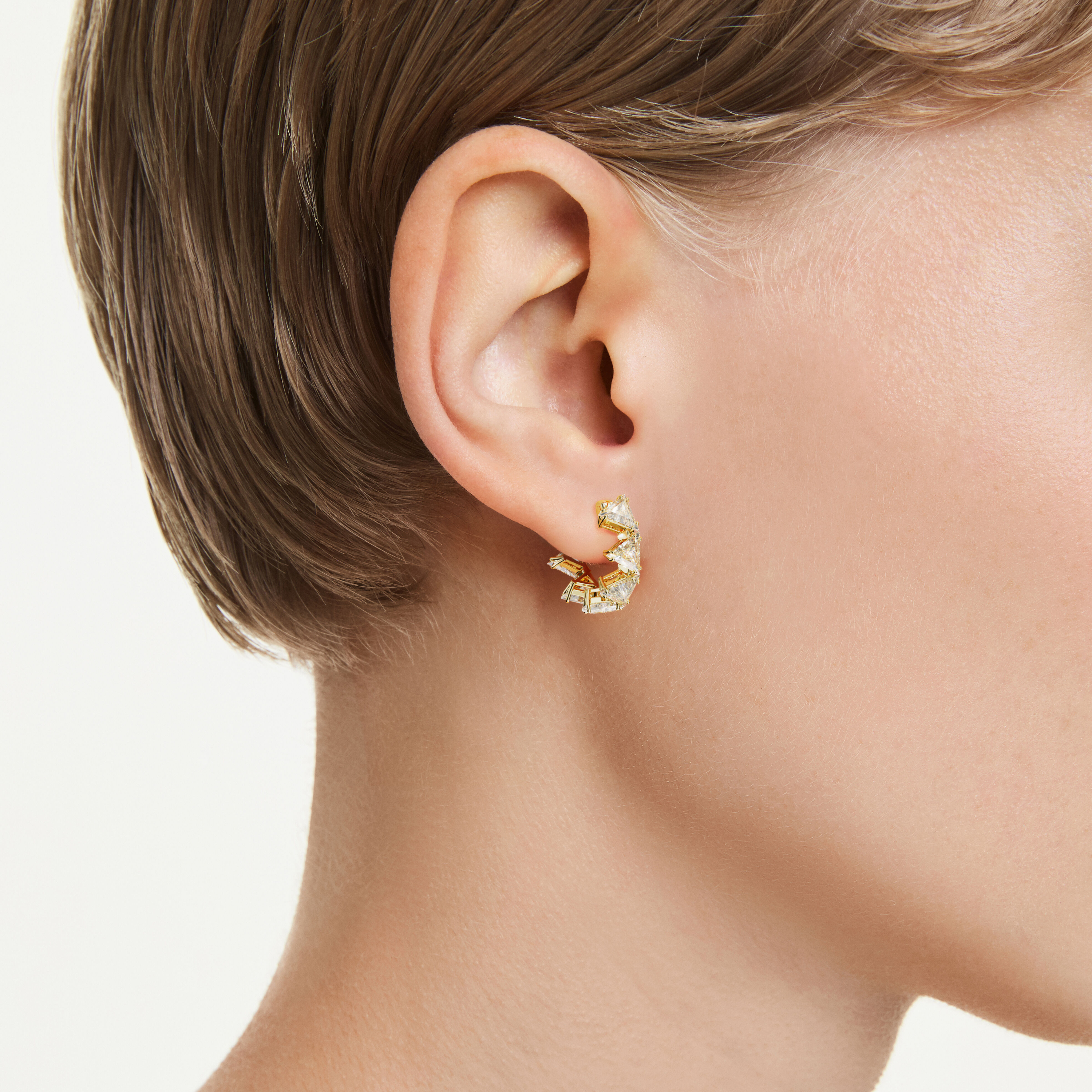 swarovski matrix hoop earrings  triangle cut  triangle  mini  white  gold tone plated