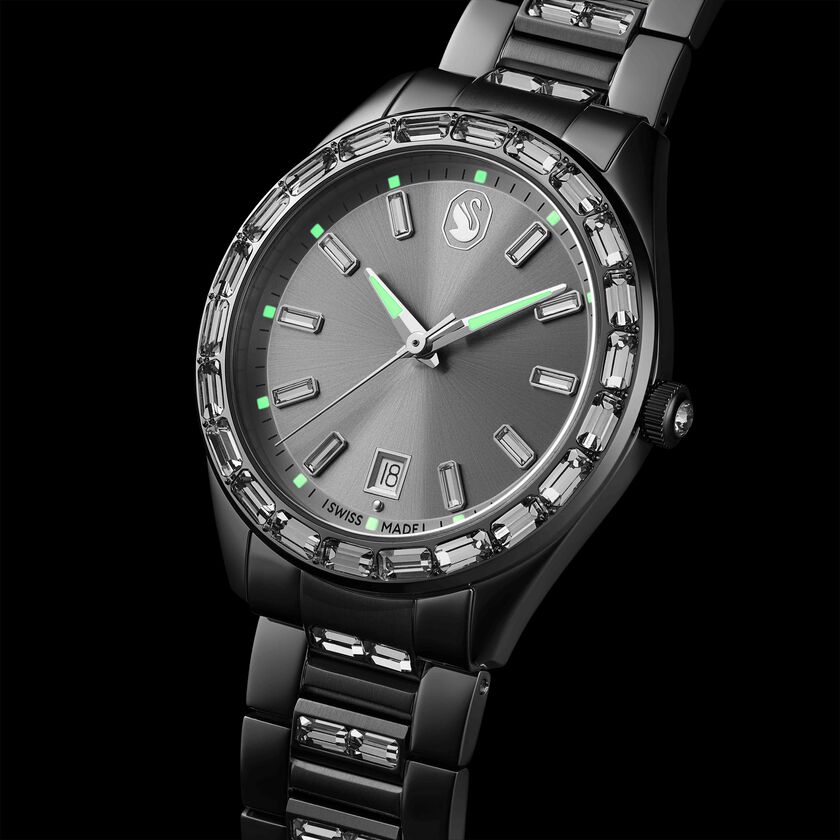 swarovski matrix date watch  swiss made  metal bracelet  silver tone  stainless steel