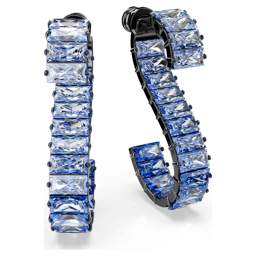 swarovski matrix drop earrings  baguette cut  blue  ruthenium plated