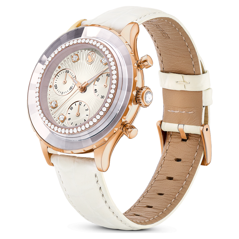 swarovski octea chrono watch  swiss made  leather strap  white  rose gold tone finish