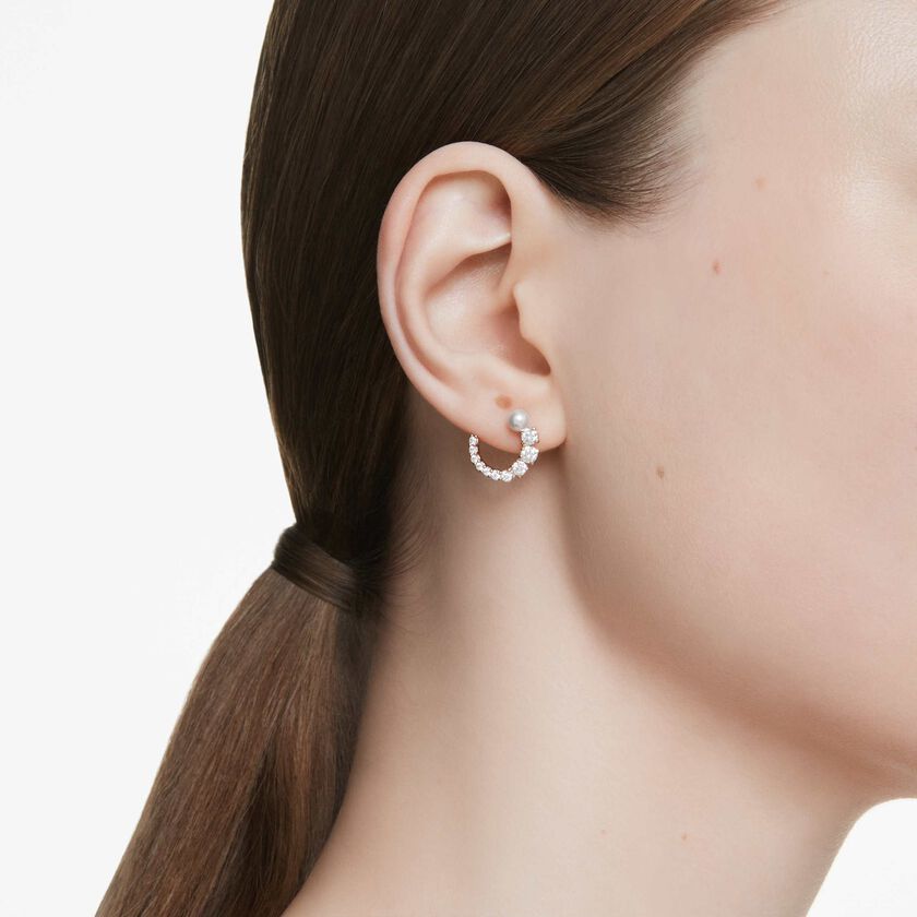 swarovski matrix hoop earrings  crystal pearl  round cut  white  rose gold tone plated