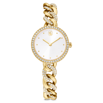swarovski cocktail round watch  round cut  metal bracelet  gold tone  gold tone finish