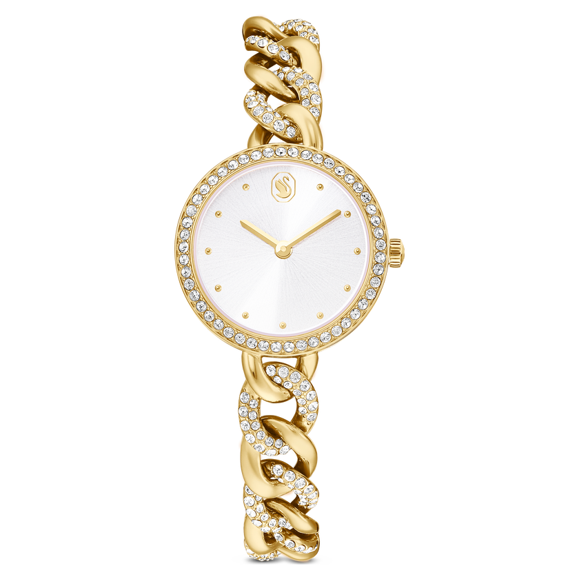 swarovski cocktail round watch  round cut  metal bracelet  gold tone  gold tone finish