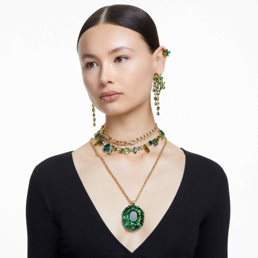 swarovski gema necklace  mixed cuts  green  gold tone plated