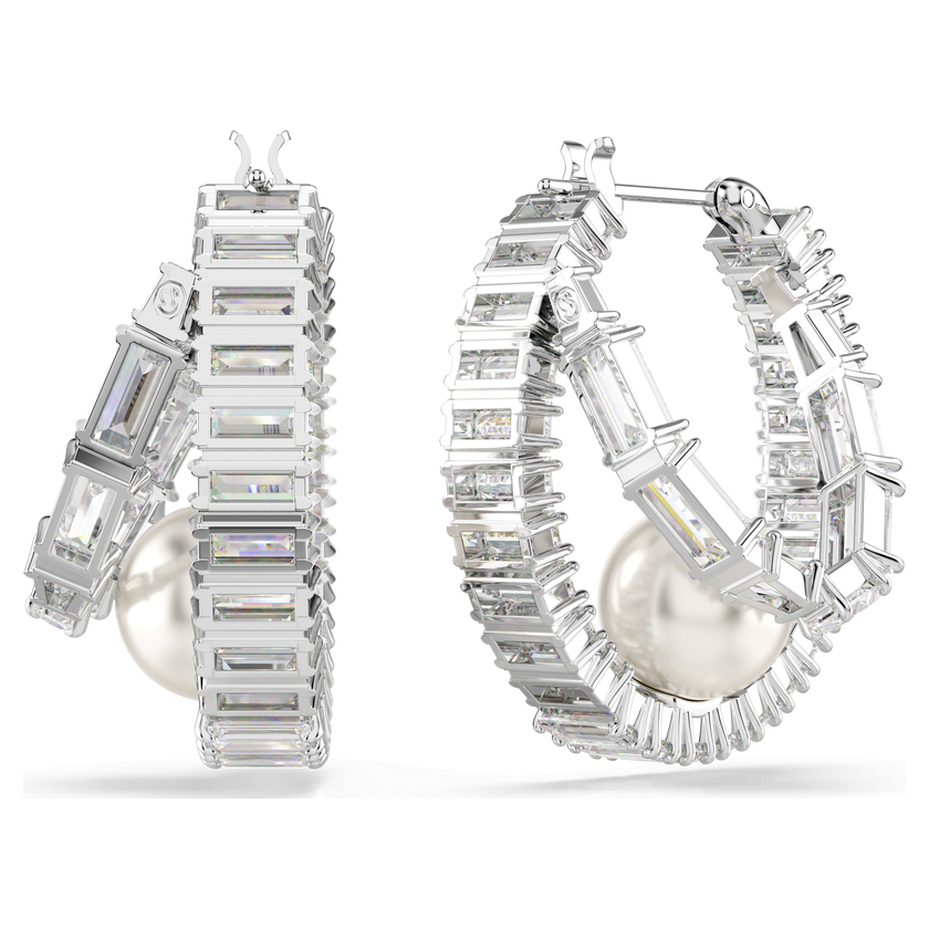 ariana grande x swarovski hoop earrings  crystal pearl  baguette cut  white  rhodium plated