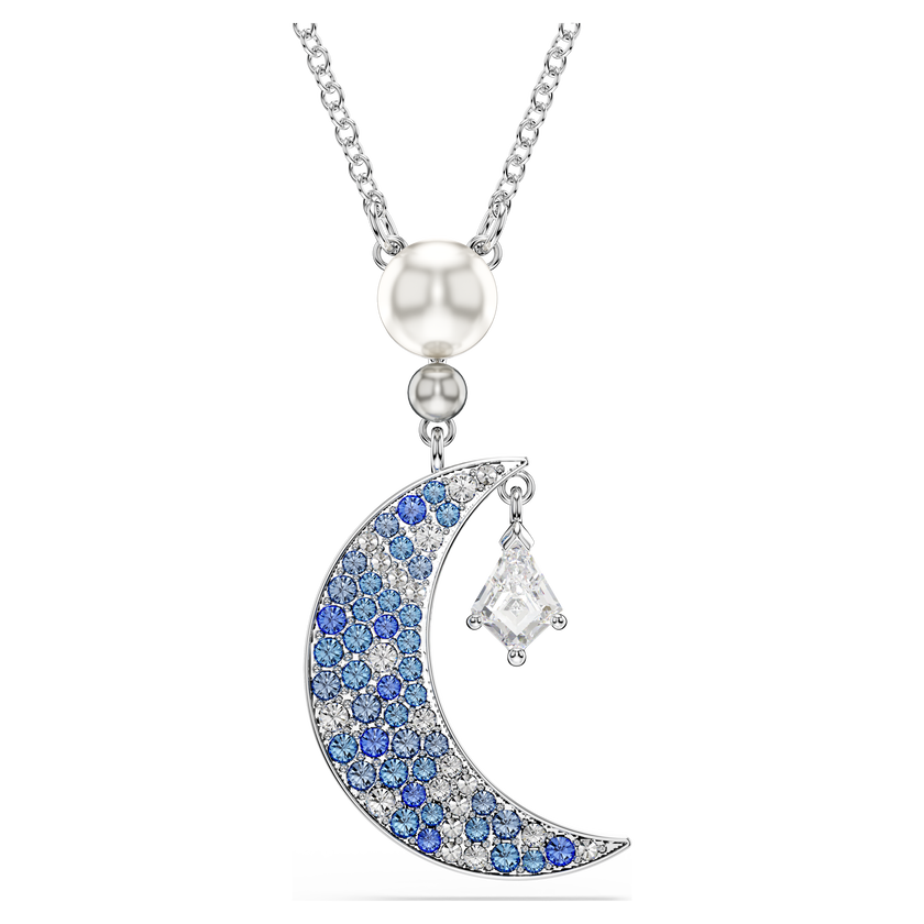 swarovski symbolica pendant  round cut  moon  blue  rhodium plated