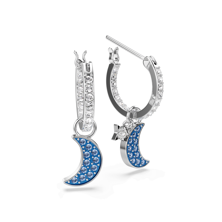 swarovski symbolica drop earrings  round cut  moon  blue  rhodium plated