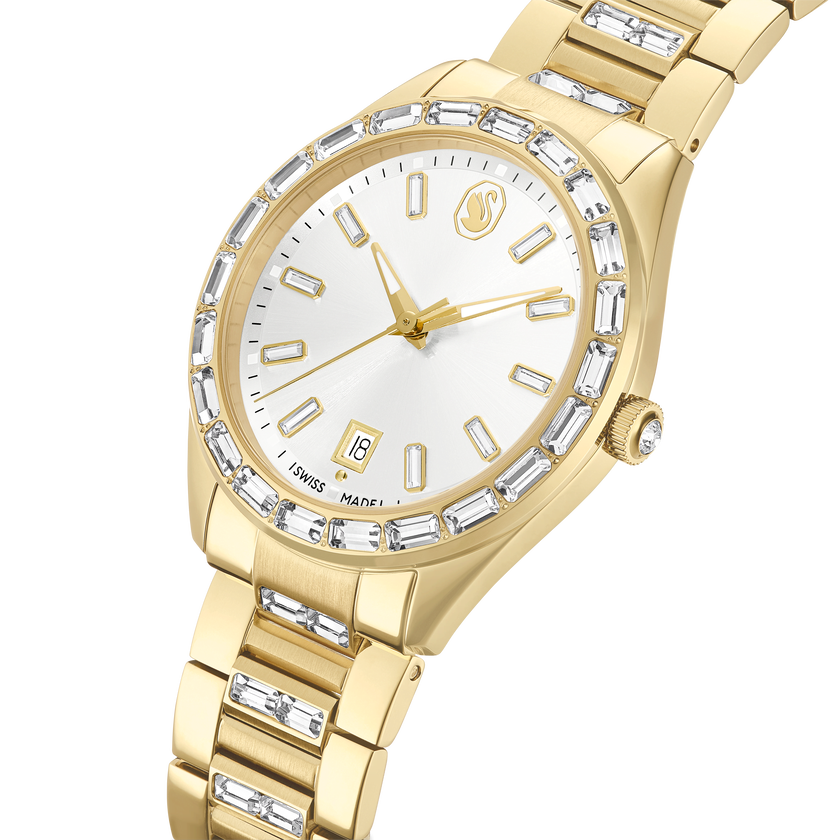 swarovski matrix date watch  swiss made  metal bracelet  gold tone  gold tone finish