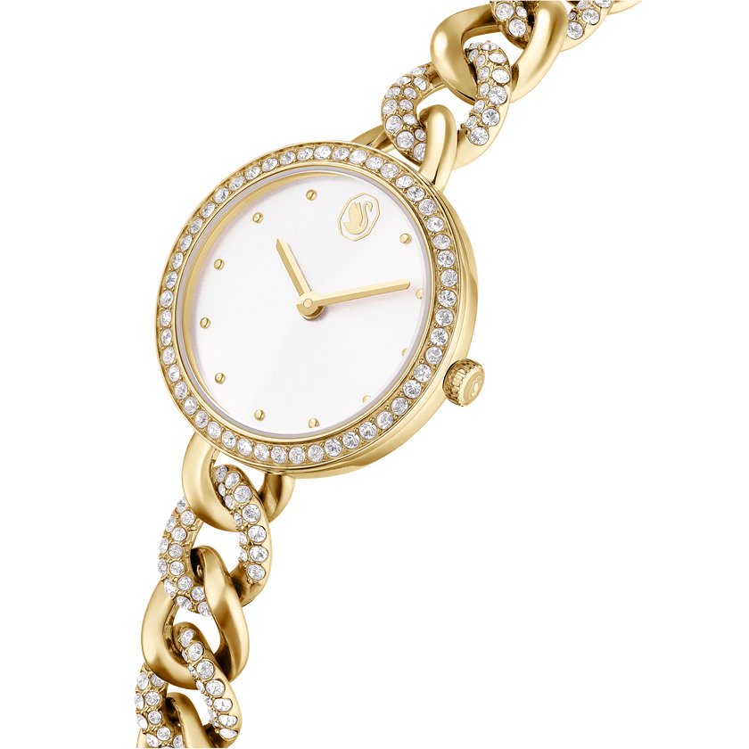 swarovski cocktail round watch  round cut  metal bracelet  gold tone  gold tone finish