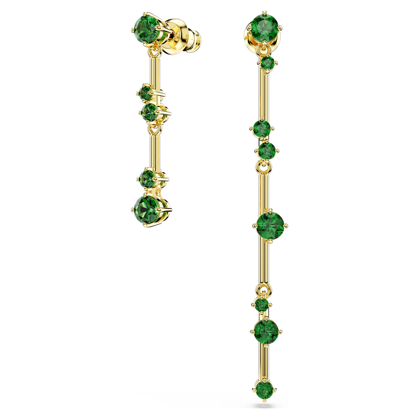 swarovski constella drop earrings  asymmetrical design  round cut  green  gold tone plated