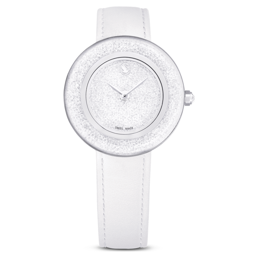 swarovski crystalline lustre watch  swiss made  leather strap  white  stainless steel