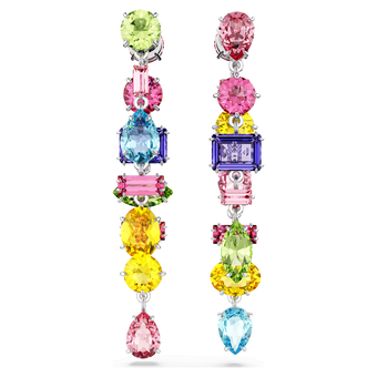 swarovski gema drop earrings  asymmetrical design  mixed cuts  long  multicolored  rhodium plated